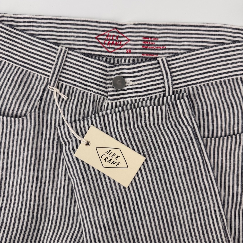 Alex Crane Cham Pants Mens 28 Navy White Stripe 100% Linen Straight Leg Trousers